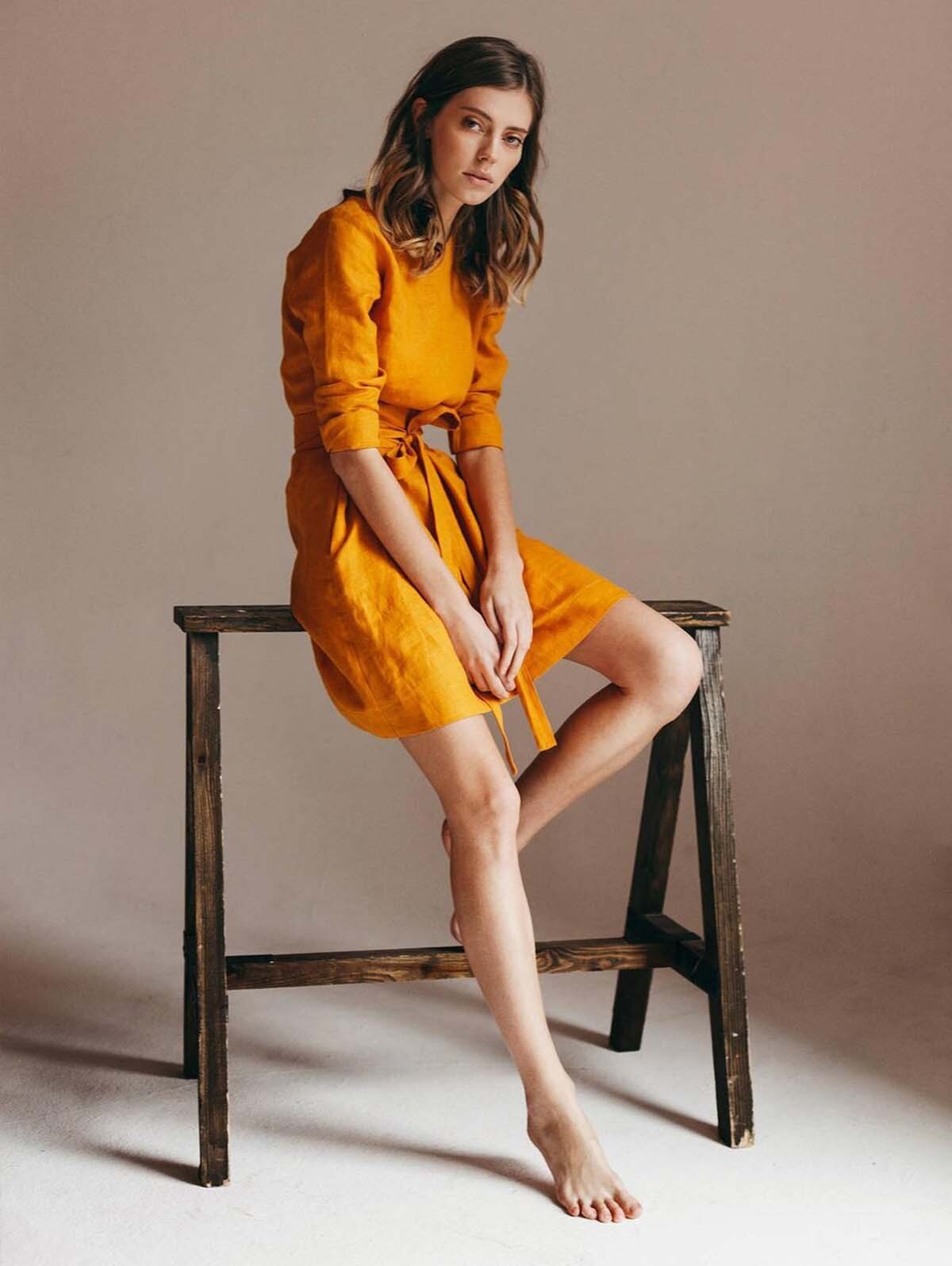 Linen-style belted dress