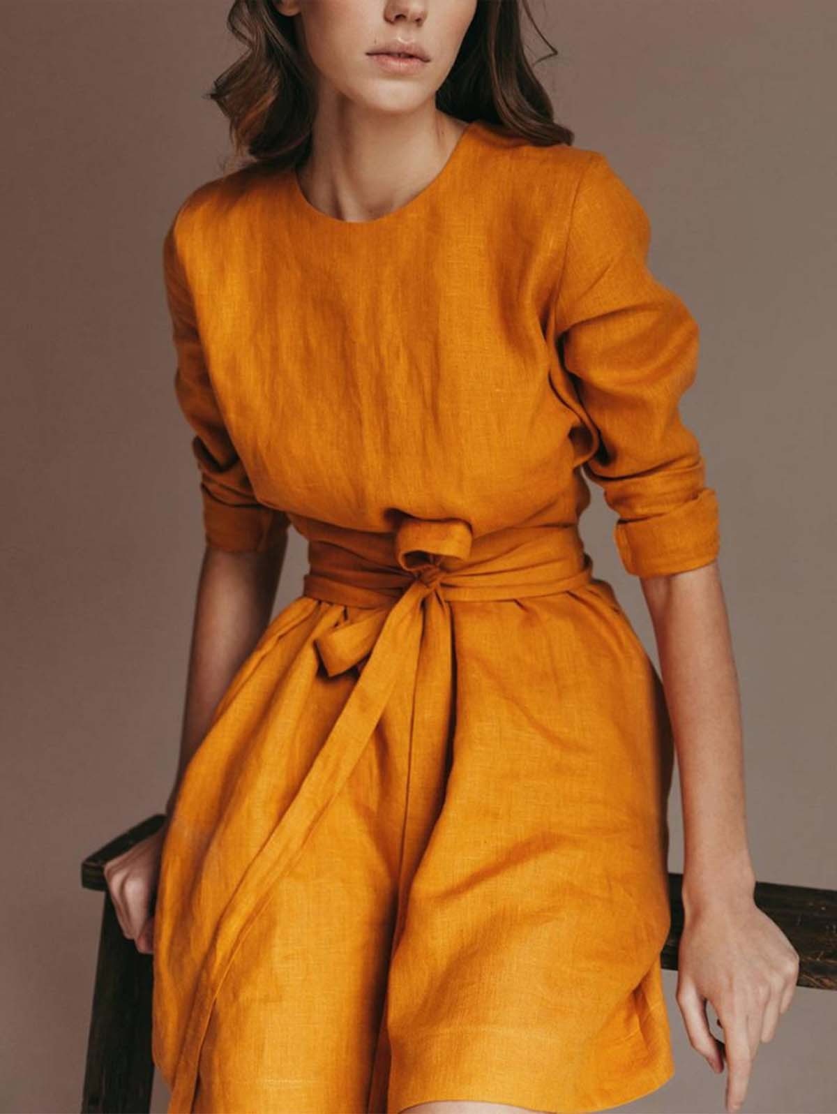 Linen-style belted dress