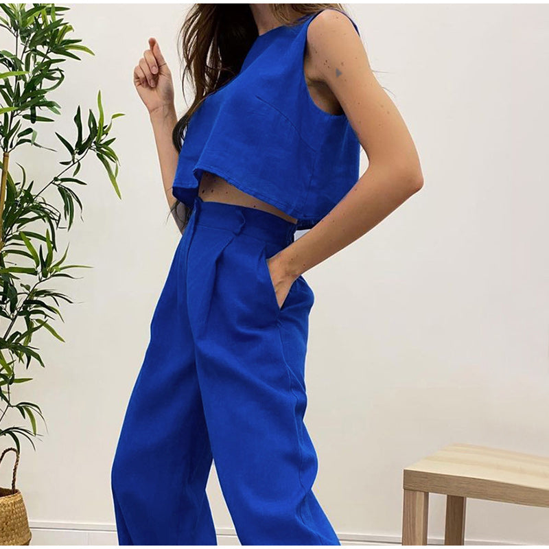 2-piece crop pullover and high-waist wide-legged trousers