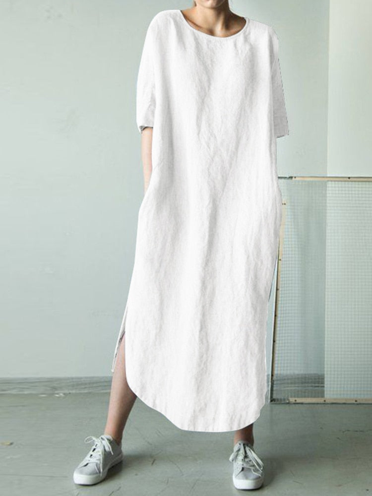 Loose short-sleeve pullover cotton maxi dress