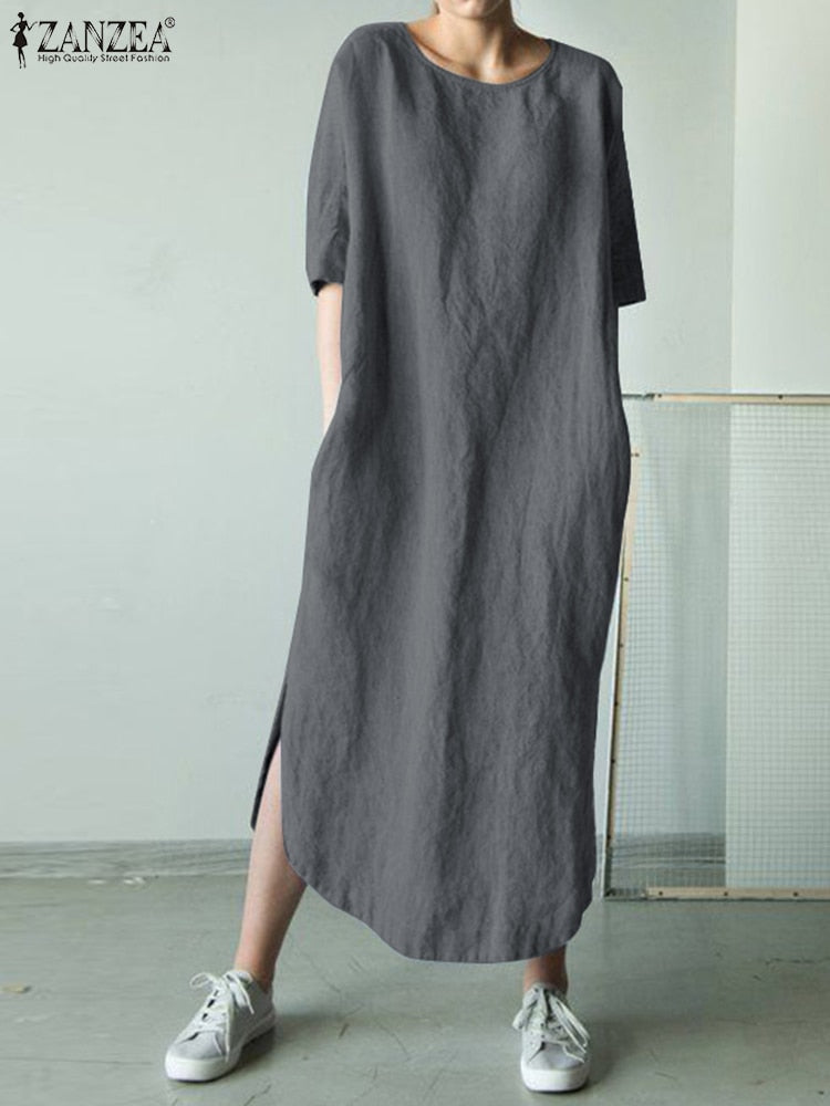 Loose short-sleeve pullover cotton maxi dress