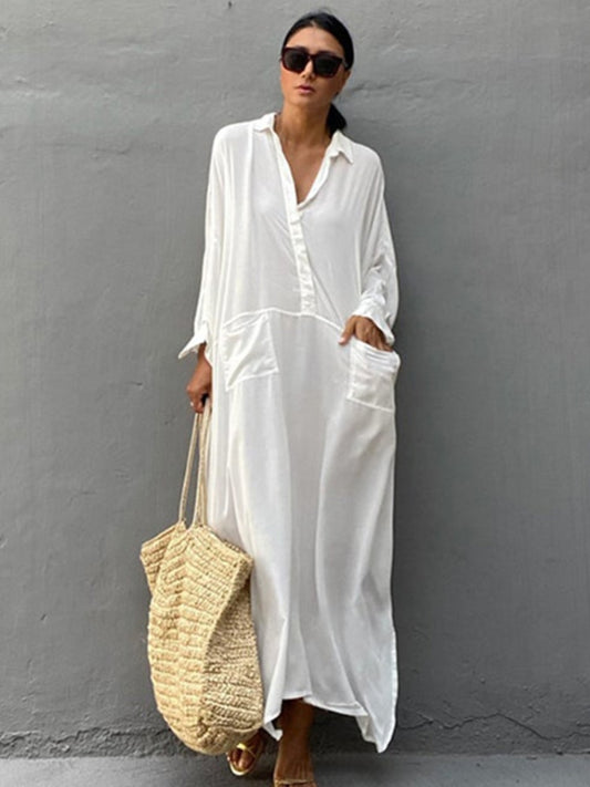 Swimsuit Cover Up White Maxi Beach Dresses Kaftan Kimono Elegant Pocket Loose Summer Tunic Beachwear Bathing Suits