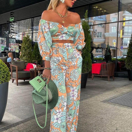 Wefads Women Fashion Two Piece Sets Print  Suits Summer Beach Streetwear Autumn 2 Piece SetsTops +Elegant Long Pants