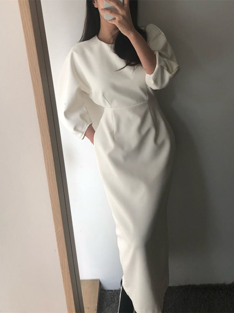 Elegant puff sleeve midi dress