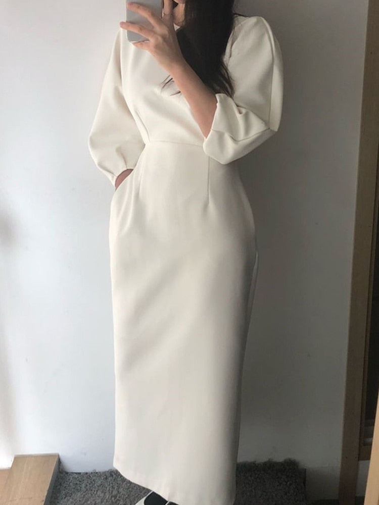 Elegant puff sleeve midi dress