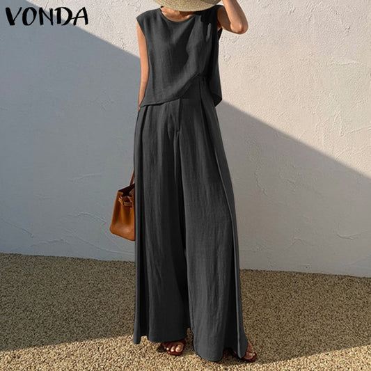 VONDA Fashion Summer Sleeveless Suits Solid Sets Women Palazzo Pant De Mujer Crew Neck Tank Tops And Wide Leg Long Trousers 2PCS