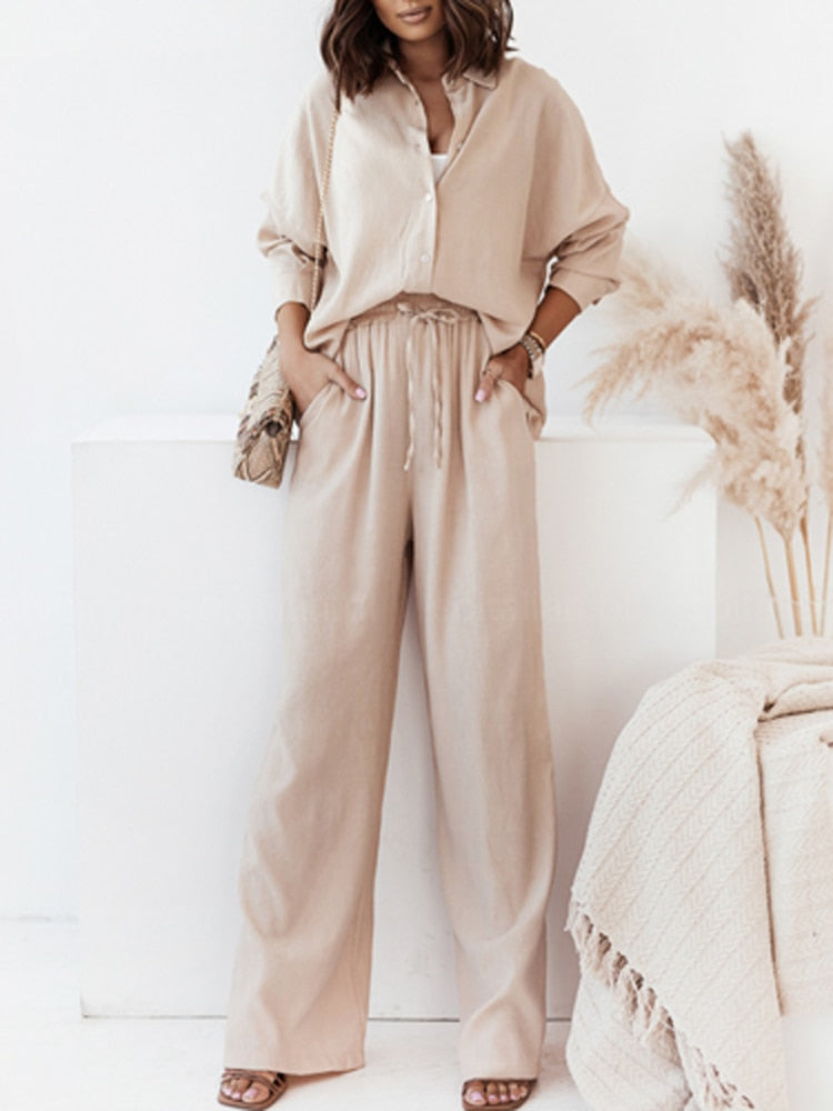 2-piece loose long-sleeve blouse and wide-legged trousers set