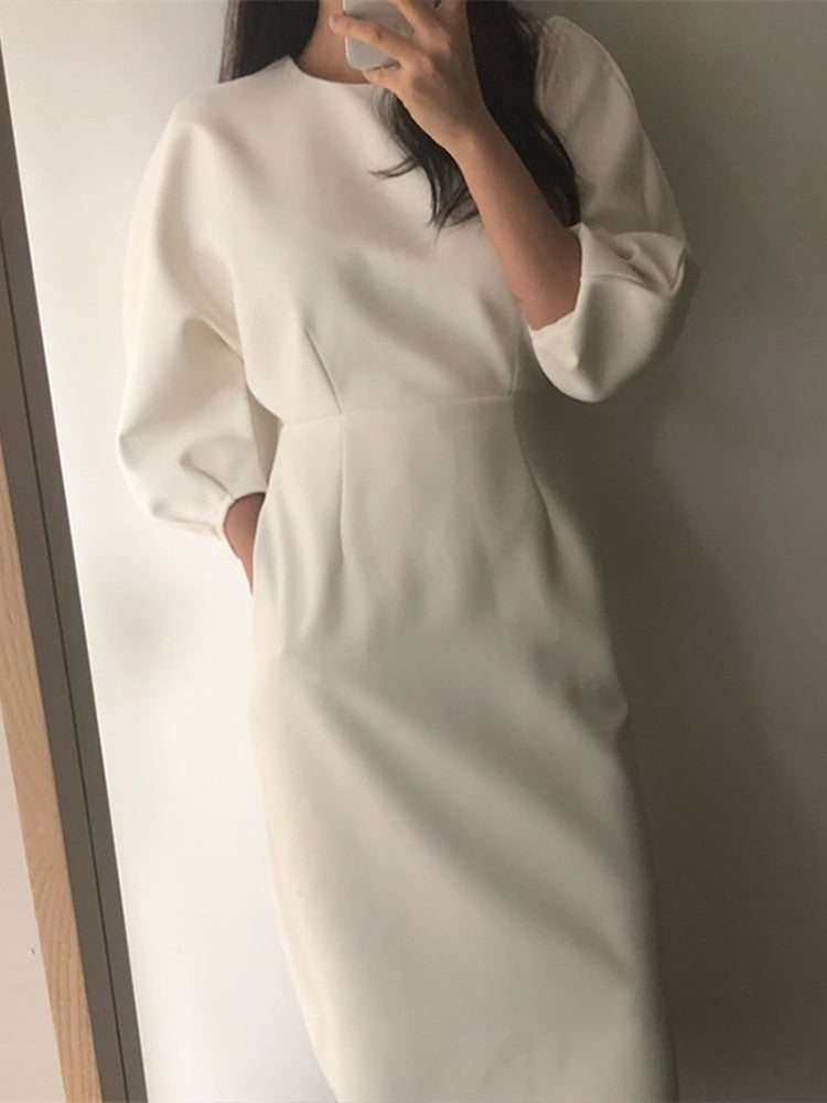 Elegant puff sleeve midi dress