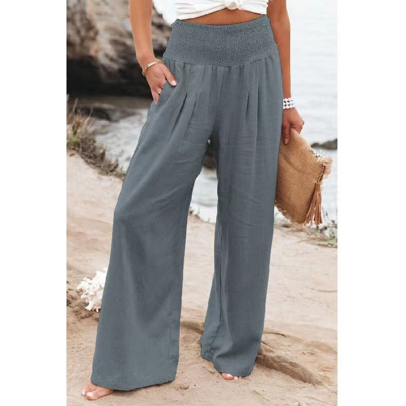 Summer 2022 Cotton Linen Style Women Loose Long Trousers Leisure Solid Color High Waist Ruched Beach Wide Leg Pants with Pocket