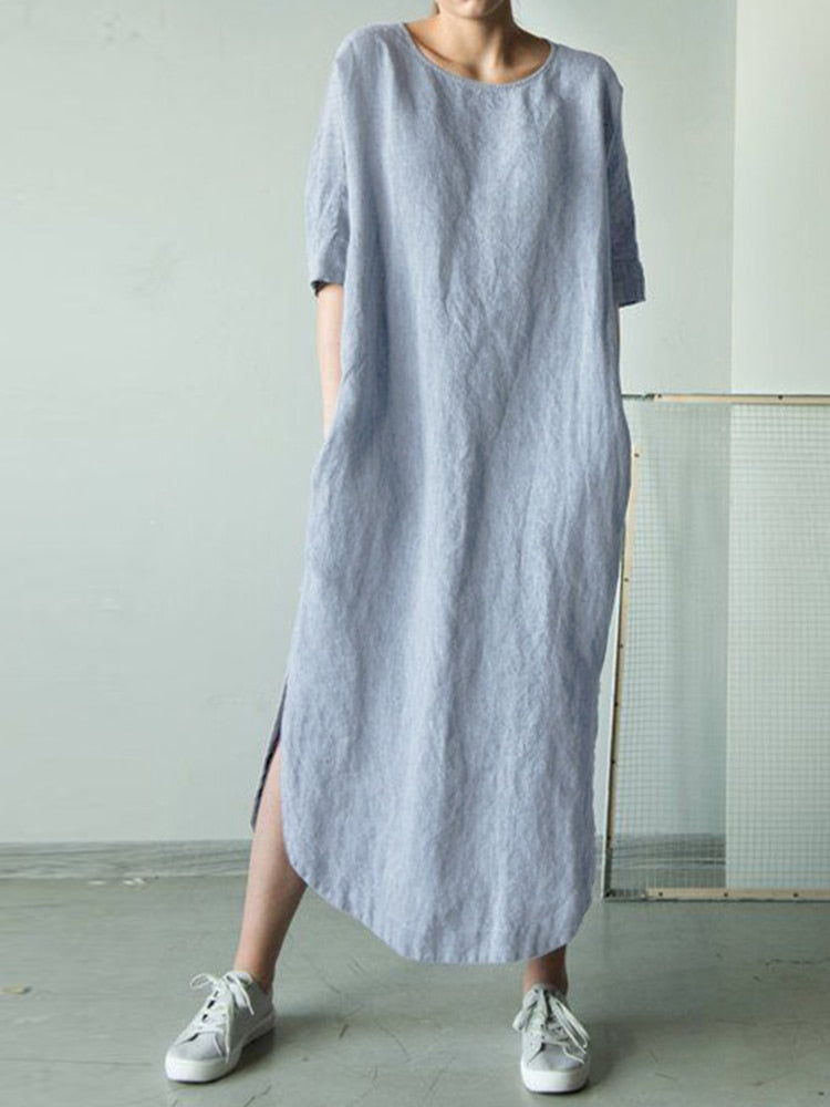 Loose short-sleeve pullover cotton maxi dress