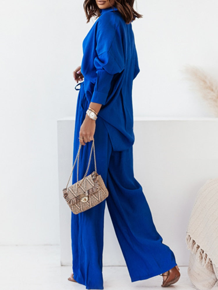 2-piece loose long-sleeve blouse and wide-legged trousers set