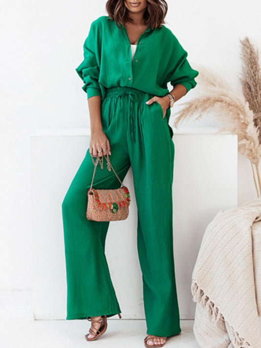 2-piece loose long-sleeve blouse and wide-legged trousers set