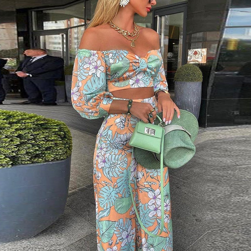 Wefads Women Fashion Two Piece Sets Print  Suits Summer Beach Streetwear Autumn 2 Piece SetsTops +Elegant Long Pants