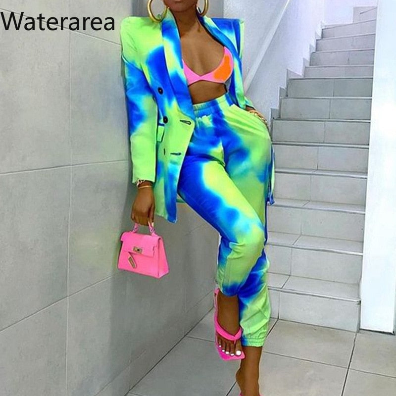 Waterarea Autumn Winter Women orange Tie-dye Set Two Piece Set Office Suit Outfits Blazer Casual Skinny Leg Set Pants