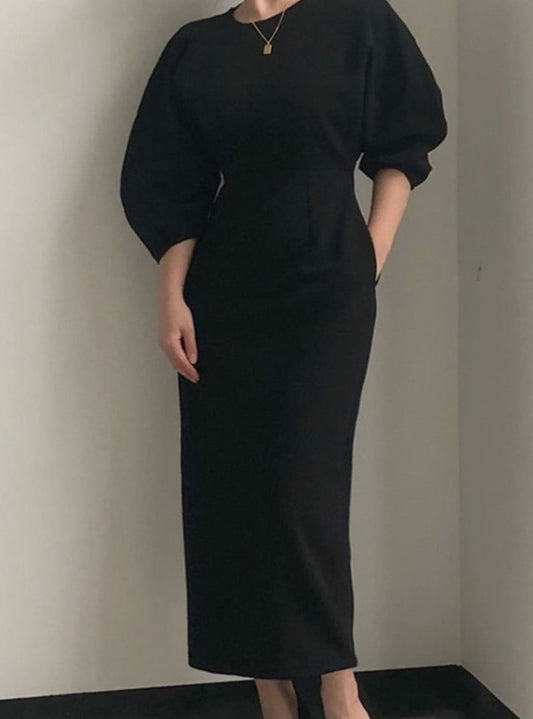 Elegant puff sleeve midi dress