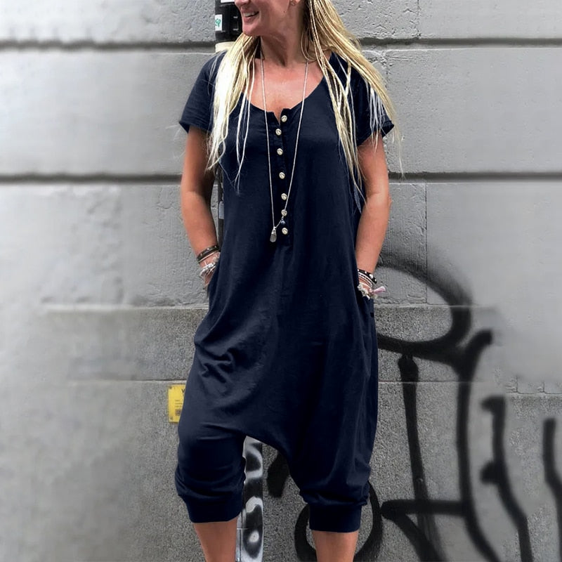 Short-sleeve loose button up jumpsuit