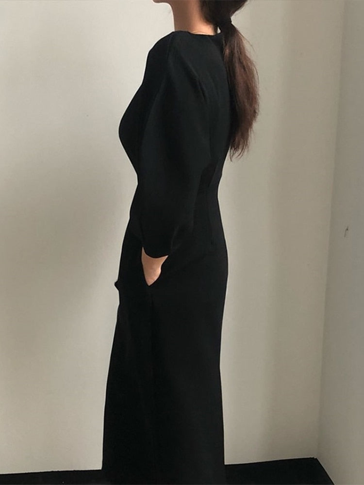 Elegant puff sleeve midi dress