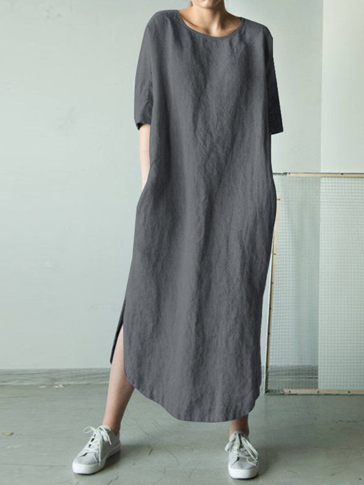 Loose short-sleeve pullover cotton maxi dress