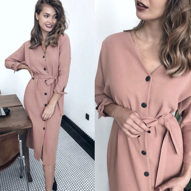 Reversible long sleeve belted  button dress