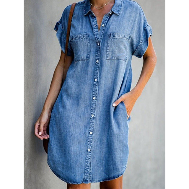 Short-sleeve loose denim look knee length dress