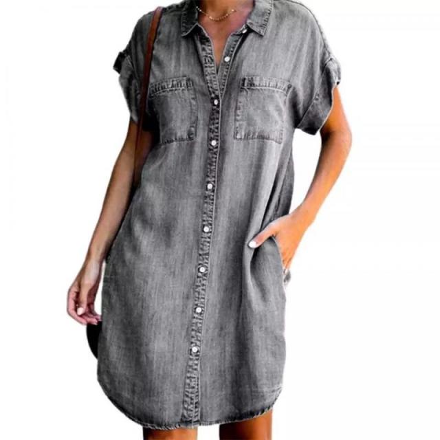 Short-sleeve loose denim look knee length dress