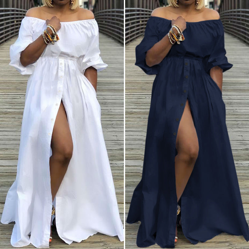 Women Sexy High Split Maxi Dress Celmia 2022 Summer Off Shoulder Long Dresses Vacation Casual Loose High Waist Solid Sundress