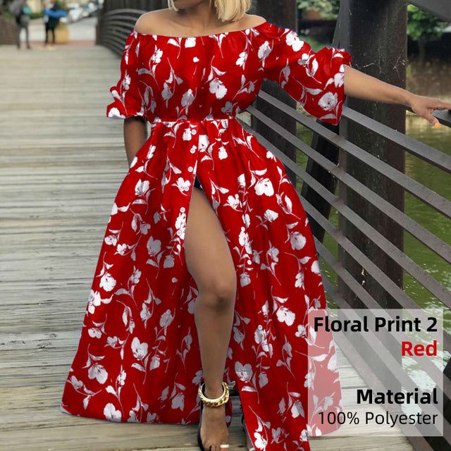 Women Sexy High Split Maxi Dress Celmia 2022 Summer Off Shoulder Long Dresses Vacation Casual Loose High Waist Solid Sundress