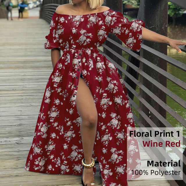 Women Sexy High Split Maxi Dress Celmia 2022 Summer Off Shoulder Long Dresses Vacation Casual Loose High Waist Solid Sundress