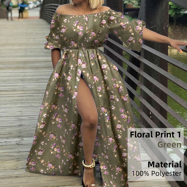 Women Sexy High Split Maxi Dress Celmia 2022 Summer Off Shoulder Long Dresses Vacation Casual Loose High Waist Solid Sundress