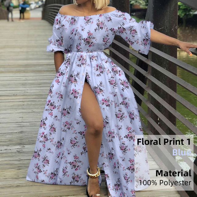 Women Sexy High Split Maxi Dress Celmia 2022 Summer Off Shoulder Long Dresses Vacation Casual Loose High Waist Solid Sundress