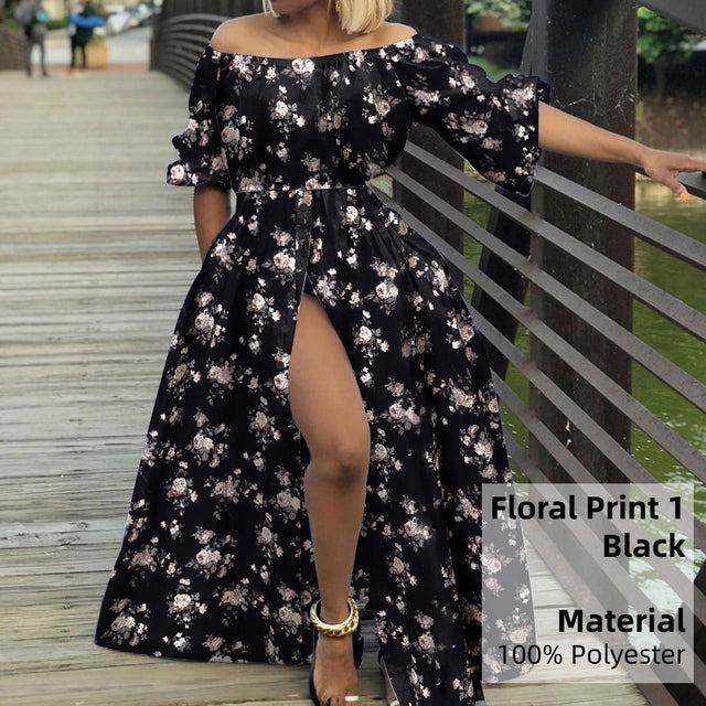 Women Sexy High Split Maxi Dress Celmia 2022 Summer Off Shoulder Long Dresses Vacation Casual Loose High Waist Solid Sundress