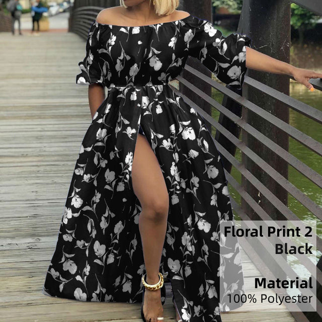 Women Sexy High Split Maxi Dress Celmia 2022 Summer Off Shoulder Long Dresses Vacation Casual Loose High Waist Solid Sundress