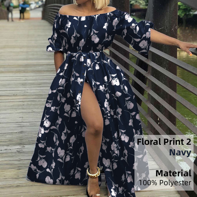 Women Sexy High Split Maxi Dress Celmia 2022 Summer Off Shoulder Long Dresses Vacation Casual Loose High Waist Solid Sundress