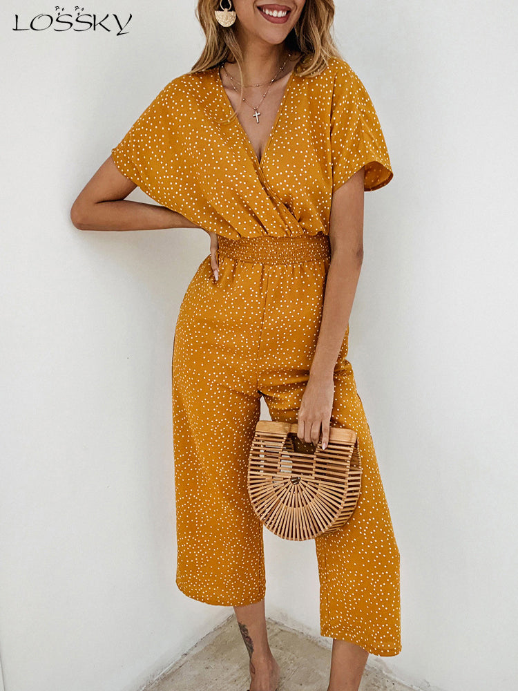 Short-sleeve wide-leg pedal pusher jumpsuit