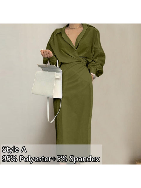 Women Maxi Dress Celmia 2022 Autumn Elegant Lapel Long Lantern Sleeve Shirt Dress Fashion Bandage Casual Solid Ladies Party Robe