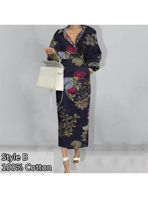 Women Maxi Dress Celmia 2022 Autumn Elegant Lapel Long Lantern Sleeve Shirt Dress Fashion Bandage Casual Solid Ladies Party Robe