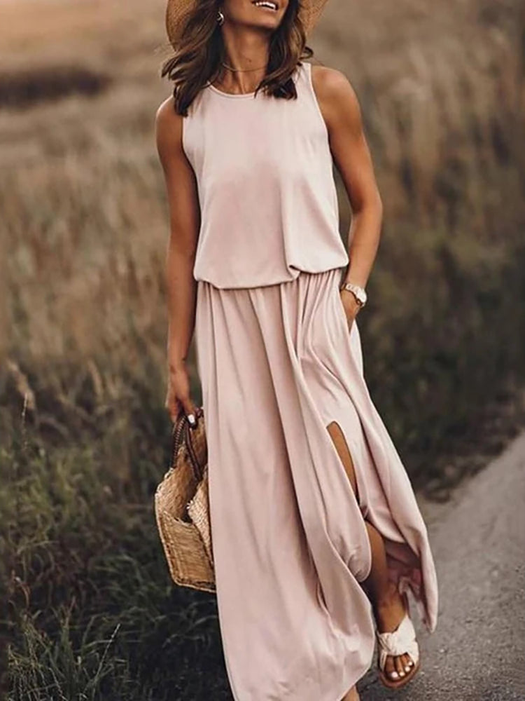 Sleeveless maxi dress with side slit